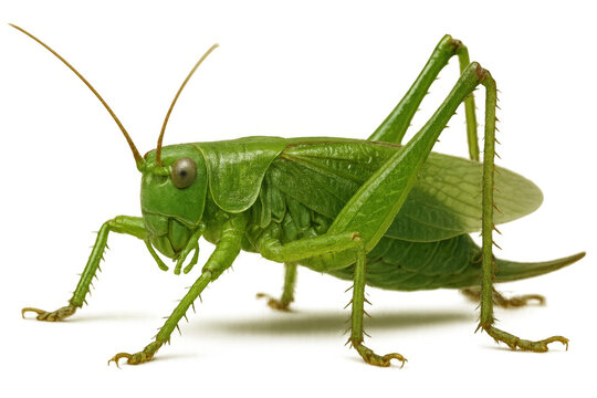 Green grasshopper insect standing, detailed macro view of tettigoniidae katydid on transparent background