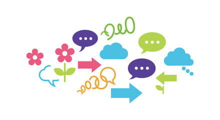 Obraz premium Colorful hand drawn doodle elements including speech bubbles flowers arrows clouds and swirls on white background