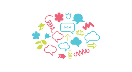 Collection of colorful hand drawn speech bubbles and abstract shapes forming a circular pattern