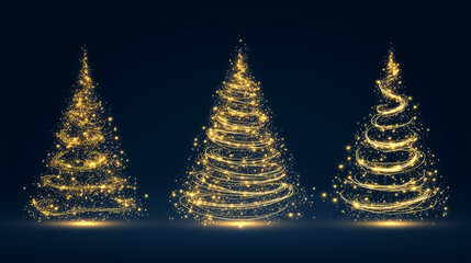 Three artistically rendered Christmas trees, aglow with a cascade of radiant lights against a deep indigo backdrop, embodying the spirit of festivity and illumination.
