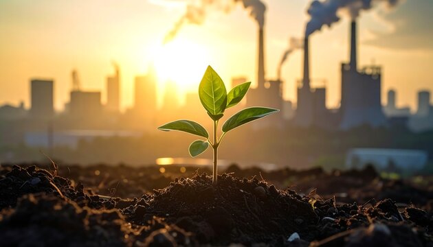 Sprout emerges from soil against a blurred industrial cityscape backdrop at sunset