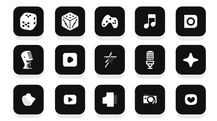 Black square icons set with white glyphs for digital media, entertainment, communication, gaming, and social media apps