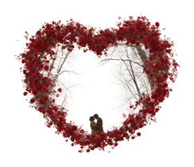 Romantic couple embracing in heart-shaped flower frame nature love isolated on transparent background