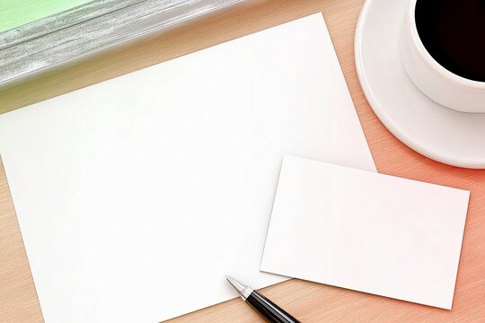 A top-down view of a blank sheet of paper, a business card, a pen, and a coffee cup with coffee on a wooden desk.