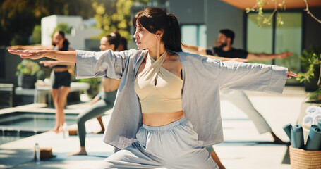 Fitness, yoga class or people in resort with stretching, motivation or performance in body wellness. Pilates, warrior or coach outdoor with mobility, muscle or joint improvement in group practice.
