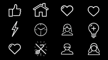 Modern UI and social media line icons set. White outline symbols for web and app interface: like, home, heart, user, idea, connectivity.