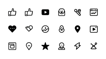 Minimalist Black Line Icons for Social Media, User Interface (UI), Web Design, Mobile Apps, and Digital Interaction Elements Set