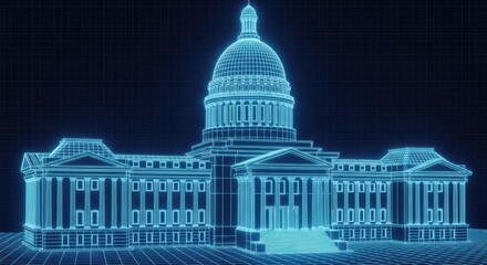 Futuristic Blueprint of Capitol Building in Neon Blue Wireframe, Architecture, Government, Politics