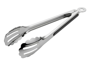 Shiny stainless steel kitchen serving tongs with serrated gripping ends and hanging loop isolated on transparent background