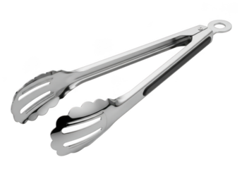 Shiny stainless steel kitchen serving tongs with serrated gripping ends and hanging loop isolated on transparent background