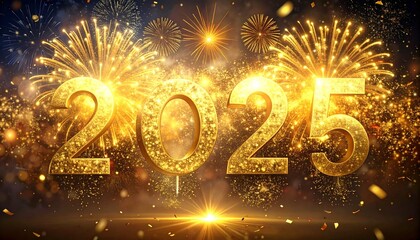 Outdoor New Year’s celebration at night with large crowd and golden fireworks spelling “HAPPY NEW YEAR” in the sky. Vibrant scene captures joy, excitement, and communal spirit of new beginnings.