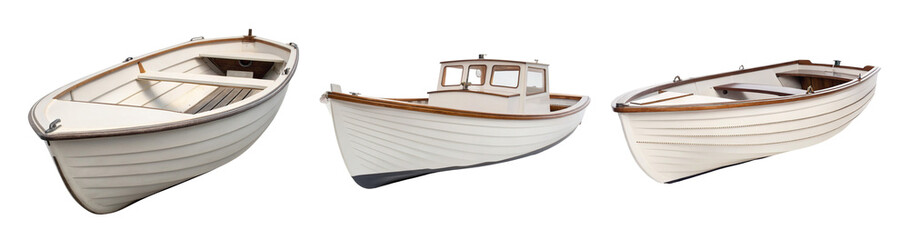 Three old white rowboats