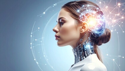 Person with glowing circuit-like patterns on neck and shoulders in high-tech environment. Illuminated screens and digital interfaces evoke themes of cybernetics, AI, and human-machine integration.