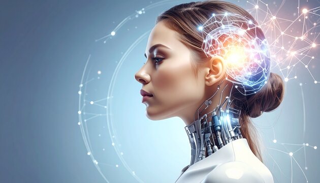 Person with glowing circuit-like patterns on neck and shoulders in high-tech environment. Illuminated screens and digital interfaces evoke themes of cybernetics, AI, and human-machine integration.