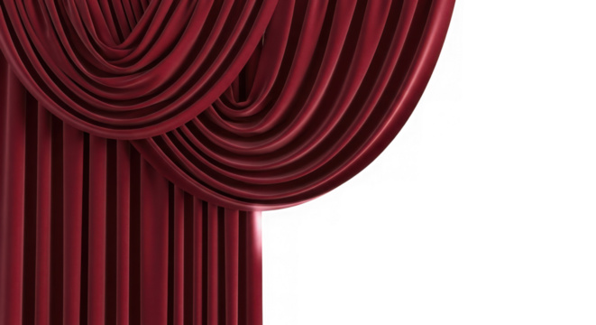 Rich red velvet theater curtain draped elegantly isolated on transparent background