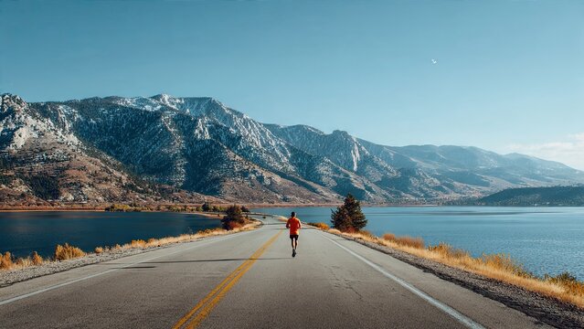 A person in a red shirt runs along an empty road by a serene lake, with snow-capped mountains in the background under a clear blue sky, evoking freedom and tranquility generative ai