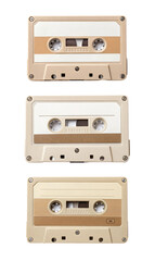 Three retro audio cassettes, top view, flat lay