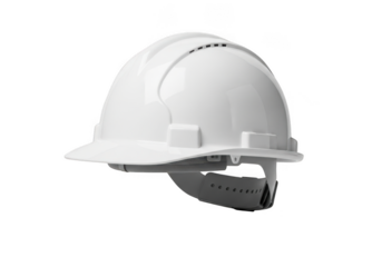 A white protective hard hat with ventilation slots and adjustable suspension system isolated on transparent background
