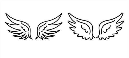 Stylized angel wings line art, decorative feathered wings vector symbol for logo, tattoo, or celestial illustration