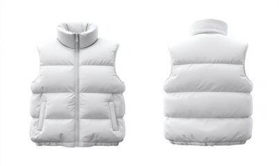 A white puffer vest with a front zipper, shown from the front and back.