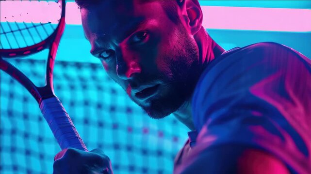 A man with a tennis racket held close and a serious expression, set against a blurred background indicative of an indoor court.