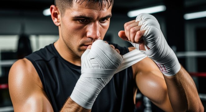 Man wrapping hands with boxing wraps