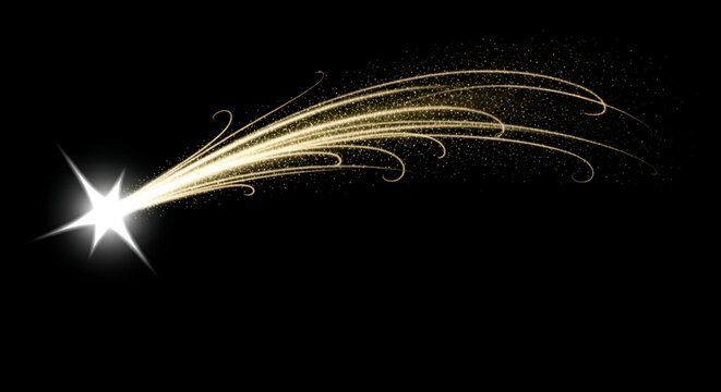Golden light streaks with a bright star on a black background for visual effect