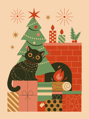 Black Cat With Christmas Garland Festive Scene