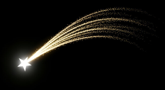 Magical star trail illustration in golden color on black background scene