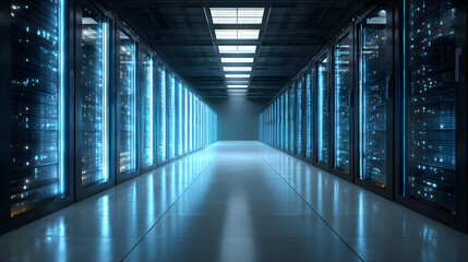 Server room aisle with glowing data processing racks