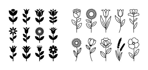 Minimal Floral Icons Set – Simple Black and White Flower Silhouette and Line Art Collection