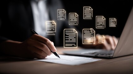 Businessman reviewing compliance documents on laptop for digital governance and cybersecurity policies in corporate management environment