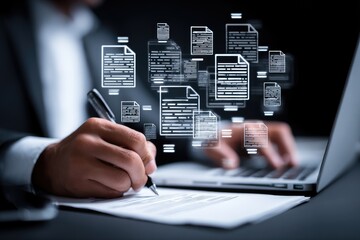 Businessman reviewing compliance documents on laptop in corporate environment for digital governance and cybersecurity policy management