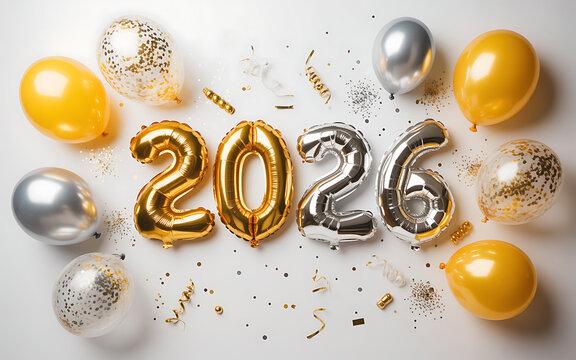 Shiny golden balloons, sparkling gliter confetti marking vibrant 2026 new year celebration against pristine white background