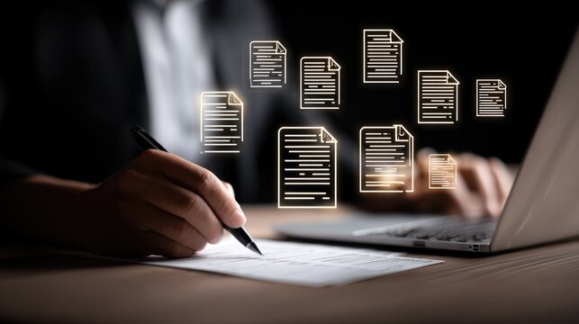 Businessman reviewing compliance documents on laptop for digital governance and cybersecurity policies in corporate management environment