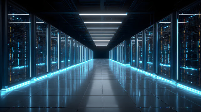 Server racks in data center with glowing neon lights