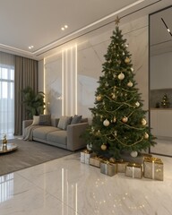 A modern living room featuring a decorated Christmas tree with gold ornaments and wrapped gifts underneath. A cozy sofa and large windows are visible.