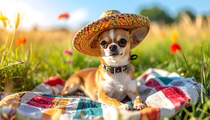 Small brown dog wearing a sombrero, lying on colorful blanket in sunlit grassy field with red flowers