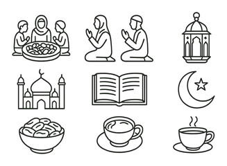 Islamic icons featuring prayer men women mosque food lantern coffee crescent book