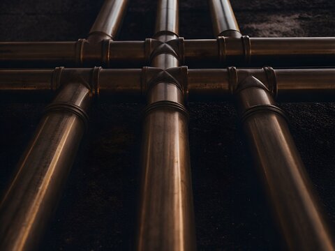 Close-up of metallic pipes arranged in a grid pattern. The pipes are shiny and copper-colored, resting on a dark surface. Industrial setting with a focus on construction materials.