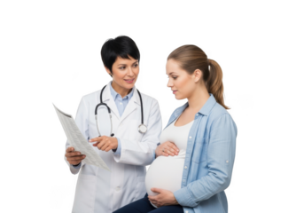 Medical professional in white coat with stethoscope discusses health report with expectant mother holding her belly isolated on transparent background