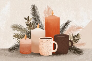 An arrangement of candles and coffee mugs with decorative leaves in the background.