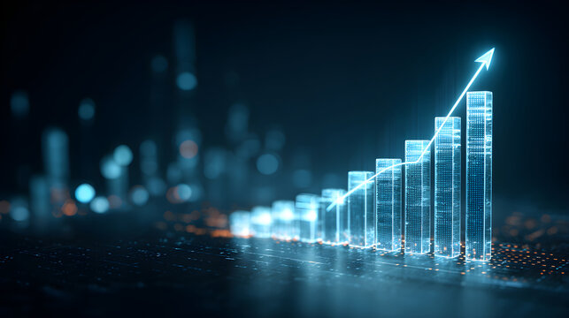 Growing financial bar chart with upward arrow showing success