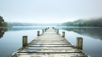 Fototapeta premium wooden pier, lake, serene, landscape, nature, travel, calm lake, wooden dock, pier, lakeside, scenery, panoramic, season, sunrise, sunset, fog, mist, autumn, summer, spring, winter, water reflection, 