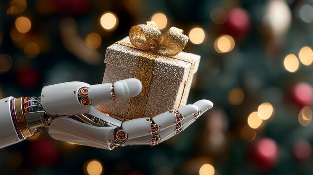 A robotic hand delicately offers a beautifully wrapped gift box against the backdrop of a festive holiday scene, blending technology and celebration. - Powered by Adobe