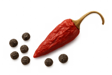 Dried red chili pepper and black peppercorns creating a hot and spicy composition, transparent background