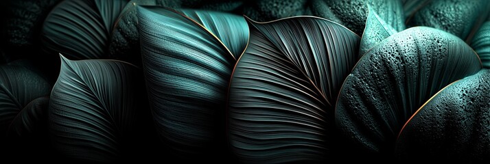 Dark, layered leaves create a textured, almost surreal pattern, glowing with cool blue green tones. The image evokes nature depth, mystery, and organic beauty.