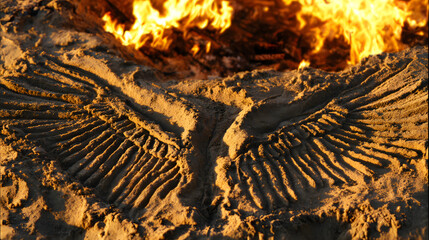 immortality. Phoenix pattern made of colored sand rising from warm ashes. event programs, museum guides, designed for cultural heritage projects and event programs, elevates cultural identity.