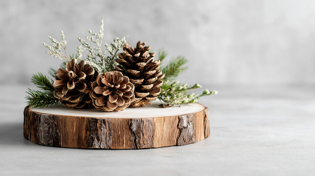A rustic pine cone display, featuring a collection of intricately textured pine cones and sprigs on a wooden base. A seasonal still life scene with natural elements.