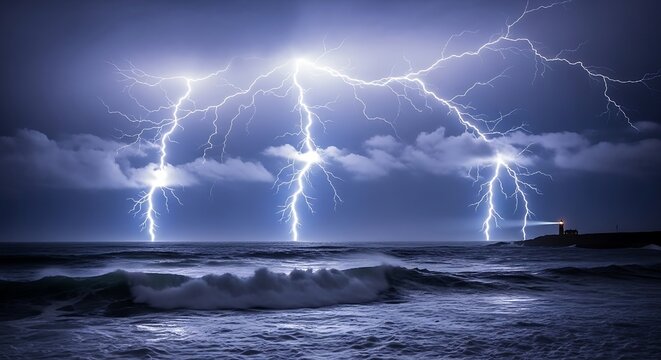 Dramatic thunderbolt striking the night ocean beneath storm clouds, displaying the raw power of nature